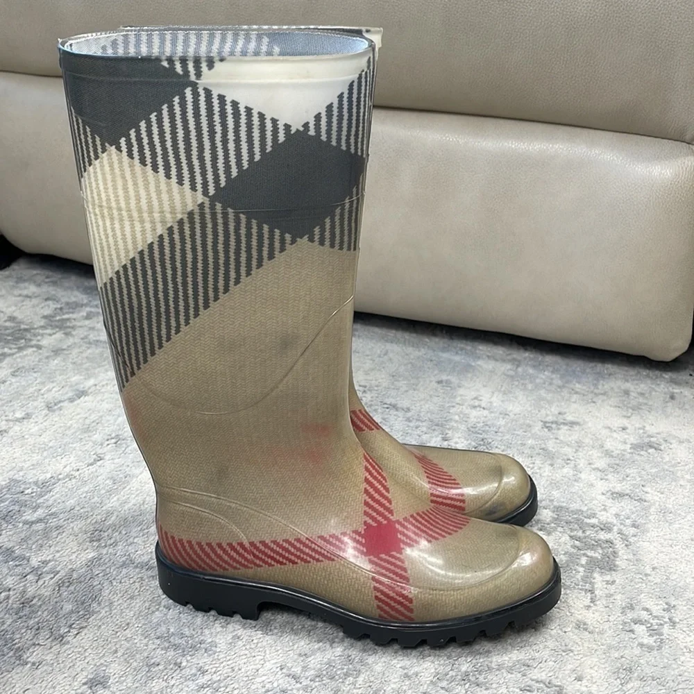 Burberry Nova Check Rubber Rain Boots Mid Calf Beige Plaid Wellies Sz 36